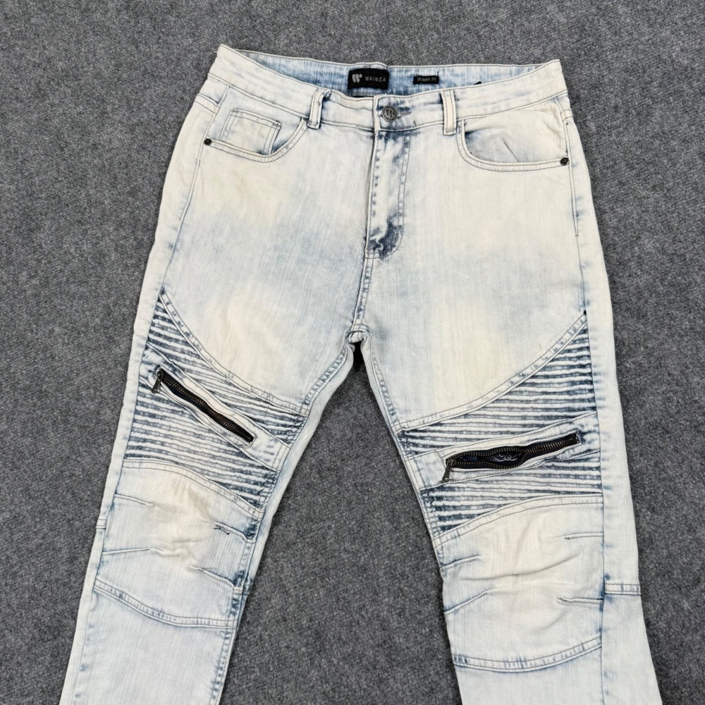 WAIMEA Pants Size 34Wx32L Skinny Fit Light Wash Moto Jeans with Zippers Men's